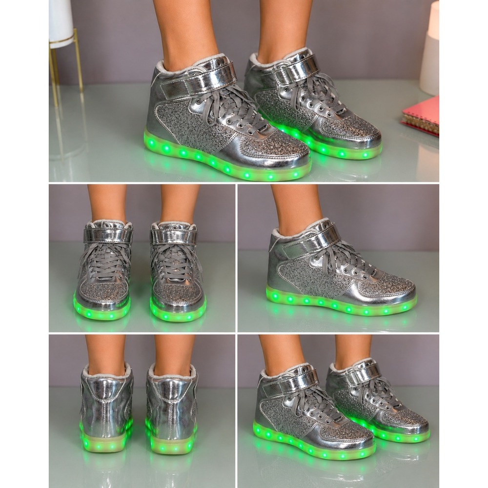Odema High Top Sneakers Silver Glitter LED Light Up Shoes Size 9.5 USB Recharge